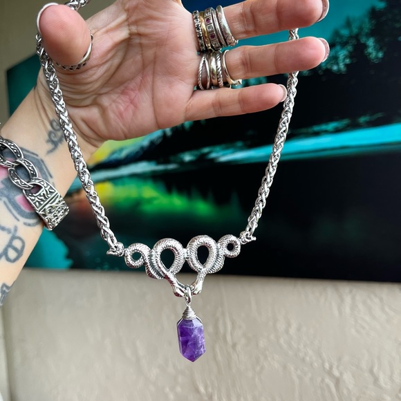 Amethyst crystal stone snake charm stainless steel chain necklace goth boho . - Picture 6 of 11